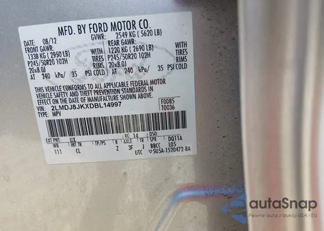 2013 Lincoln Mkx из США, поврежденный, VIN 2LMDJ8JKXDBL14997